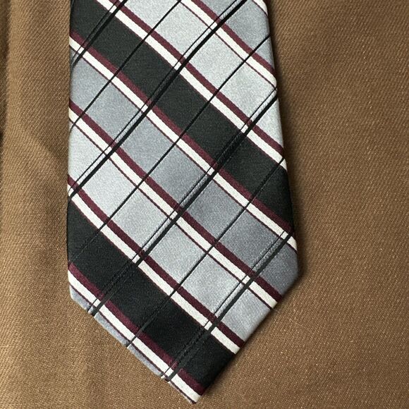 CORSINI Men's 7 Fold 100% Silk Tie Black Grey Burgundy Striped ~ Seven Fold Tie - Picture 4 of 11